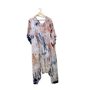 Maronie Tie Dye Kimono Cardigan Orange Navy Blue Boho Open Front Wrap One Size